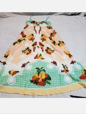 Caroline Costas Green White Fruit Print‎ Milkmaid Linen Cottagecore Maxi Dress L